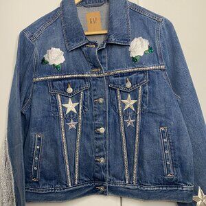 L - Custom Denim Jacket- Rhinestone American Western Cowgirl Fringe Patches